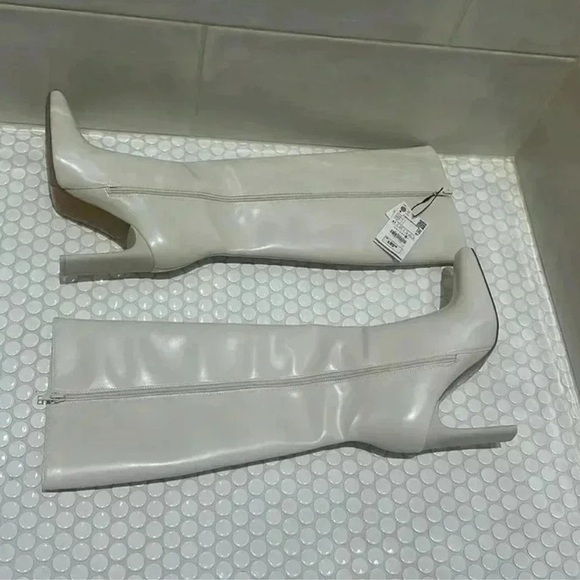 Zara Style Cream Knee-High Boots | Square Toe Block Heel | Minimal Chic Size 10 - Picture 6 of 7